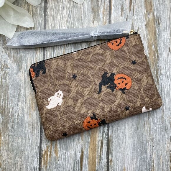 Corner Zip Wristlet In Signature Canvas With Halloween Graphic Wallet Bag Purse - Picture 4 of 11